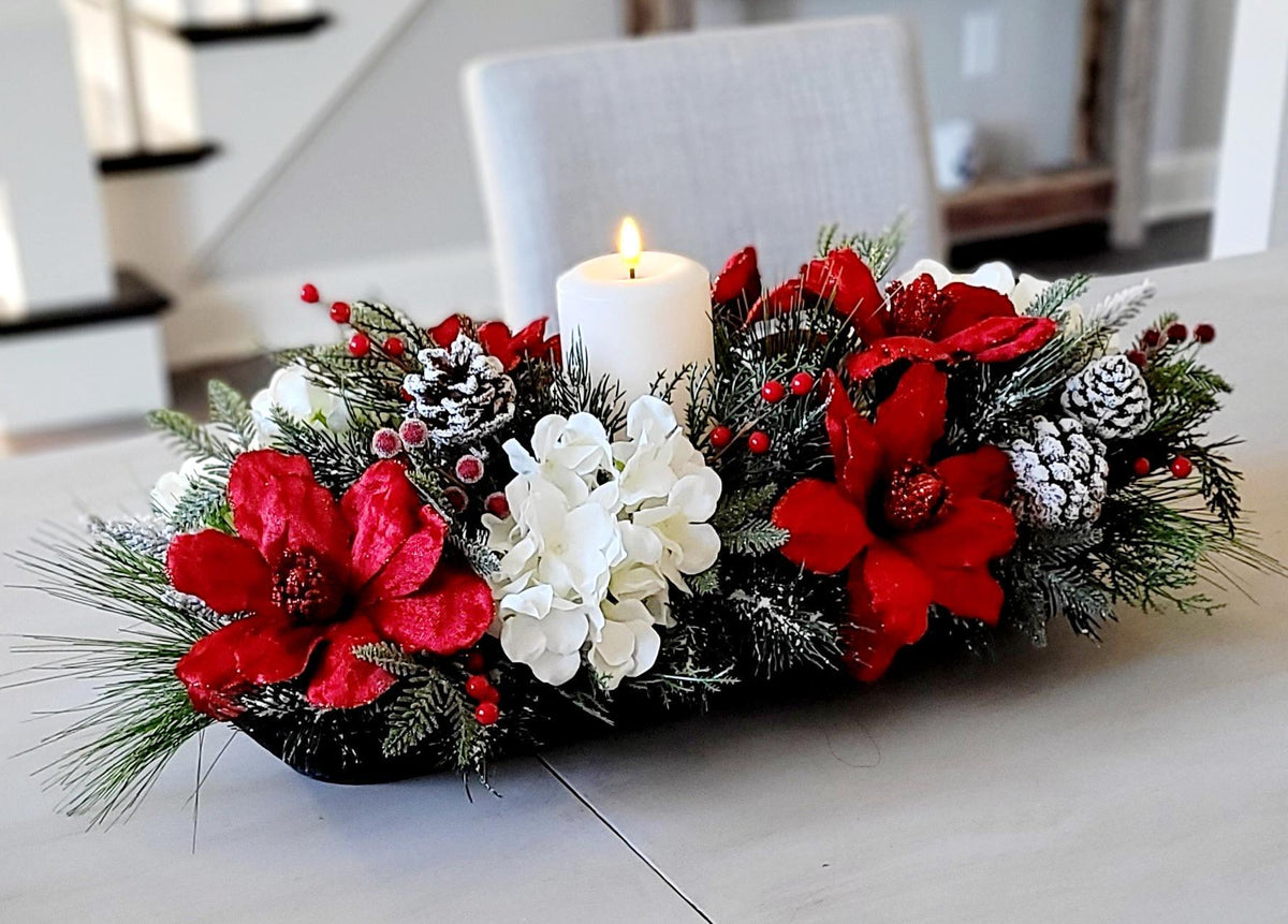 Christmas Table Centerpiece Farmhouse Holiday Display Wooden Dough Bowl Candle Arrangement Red Poinsettia Floral Design White Hydrangea Blooms Evergreen Pine Branches Festive Winter Seasonal Dining Room Mantel Kitchen Island Rustic Home