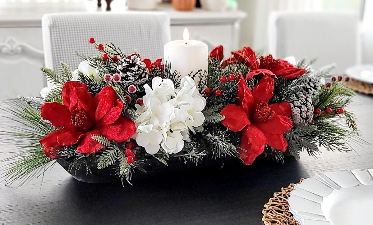 Christmas Table Centerpiece – Farmhouse Dough Bowl Red Poinsettia