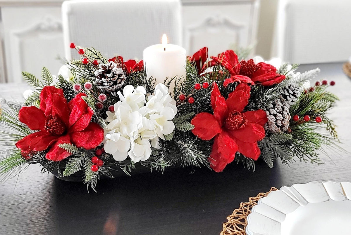 Christmas Table Centerpiece – Farmhouse Dough Bowl Red Poinsettia