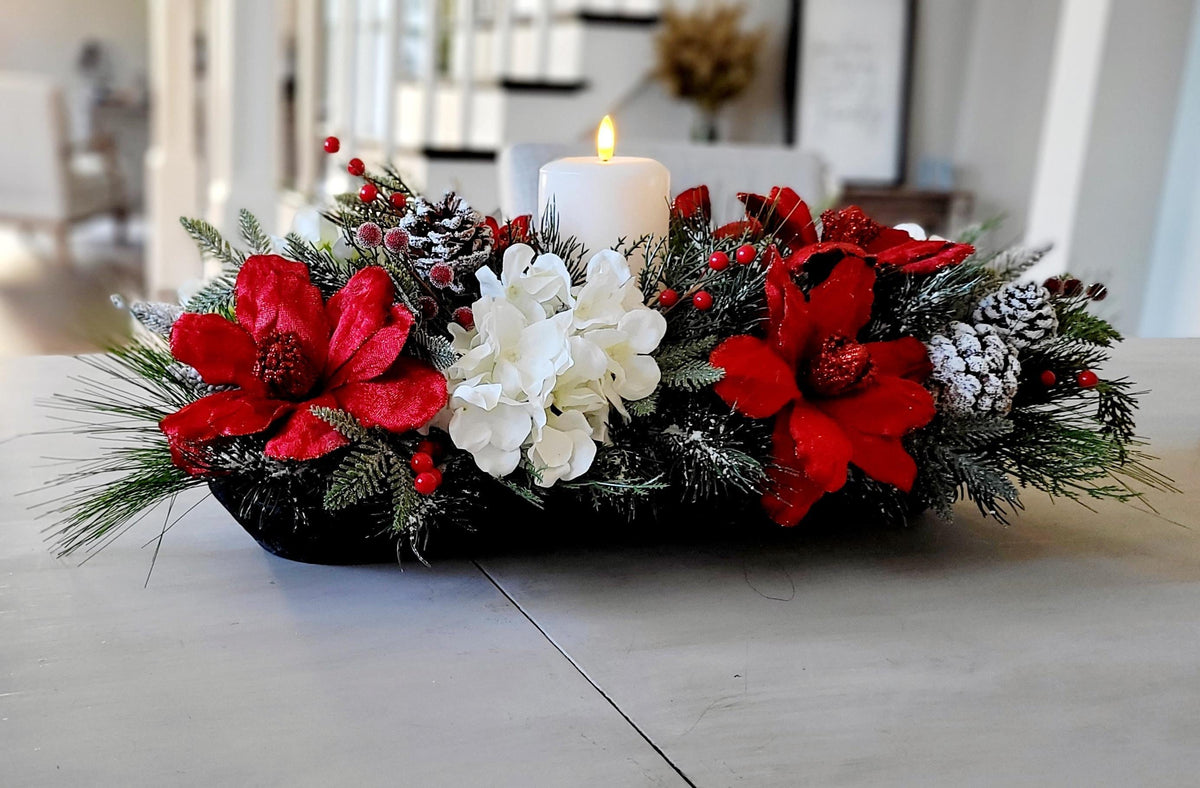 Christmas Table Centerpiece – Farmhouse Dough Bowl Red Poinsettia