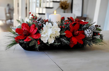 Christmas Table Centerpiece – Farmhouse Dough Bowl Red Poinsettia