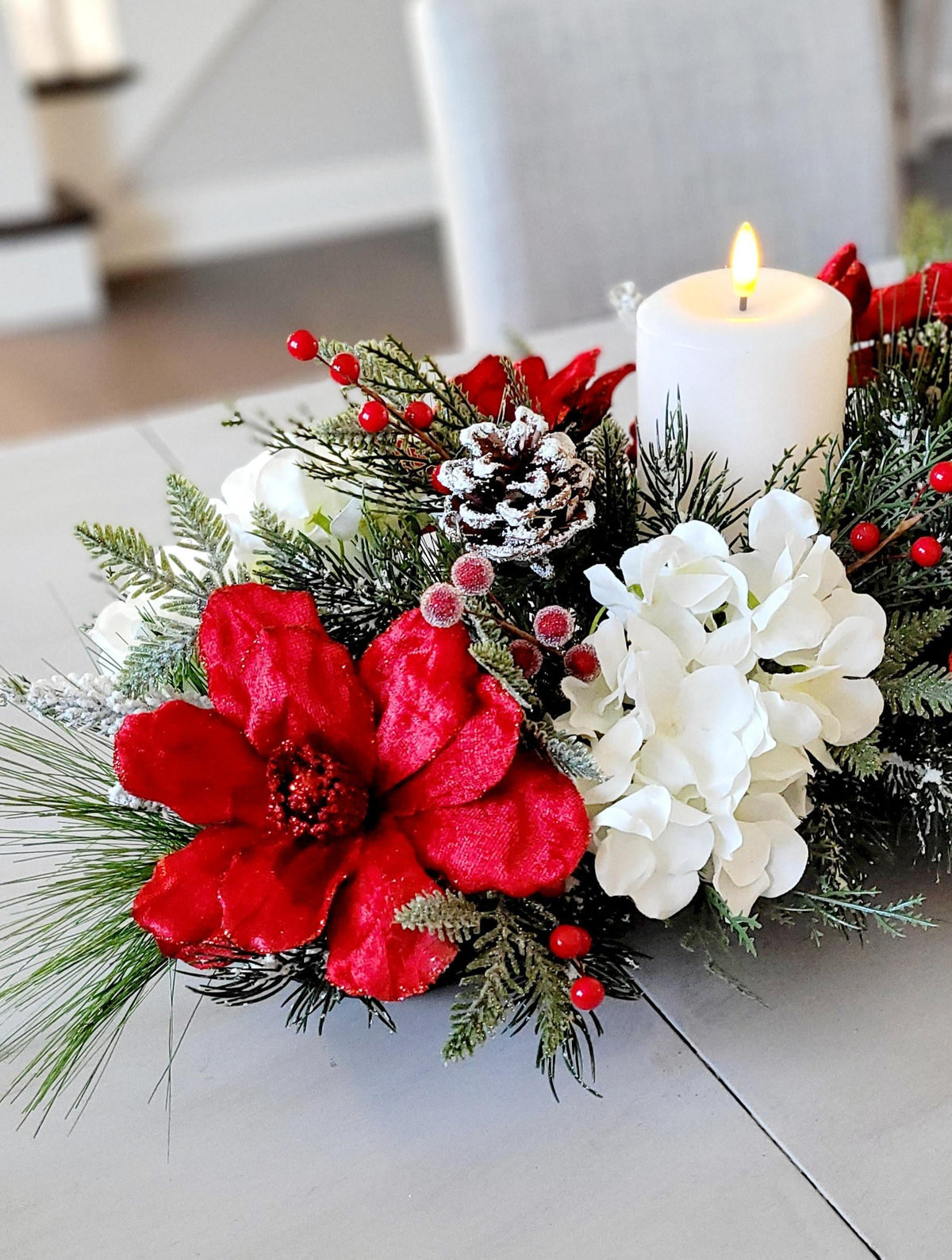 Christmas Table Centerpiece – Farmhouse Dough Bowl Red Poinsettia