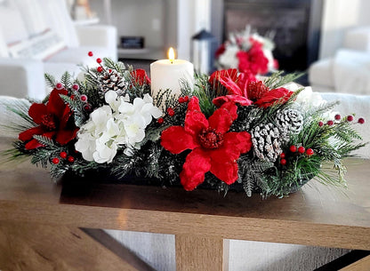 Christmas Table Centerpiece – Farmhouse Dough Bowl Red Poinsettia