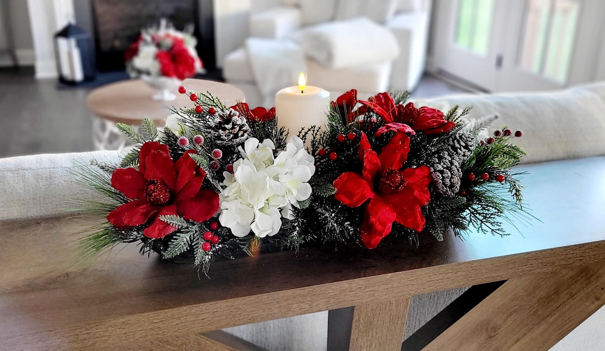 Christmas Table Centerpiece – Farmhouse Dough Bowl Red Poinsettia