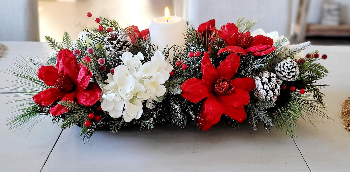 Christmas Table Centerpiece – Farmhouse Dough Bowl Red Poinsettia