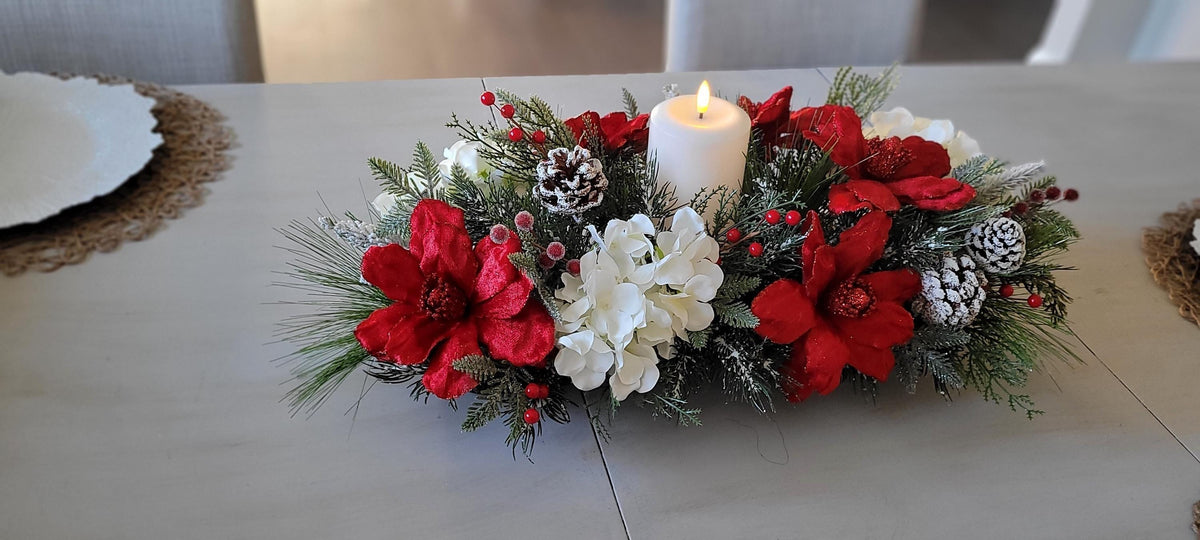 Christmas Table Centerpiece – Farmhouse Dough Bowl Red Poinsettia