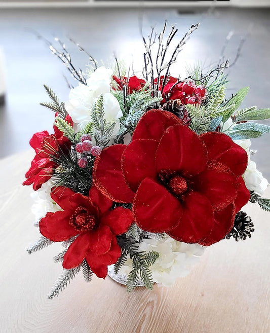 Christmas Centerpiece Red Poinsettia Arrangement Glass Silver Vase Holiday Table Display Festive Winter Pine Decoration Seasonal Dining Room Accent Elegant Home Styling Gift Hostess Present Mantel Display Ready To Display Arrangement