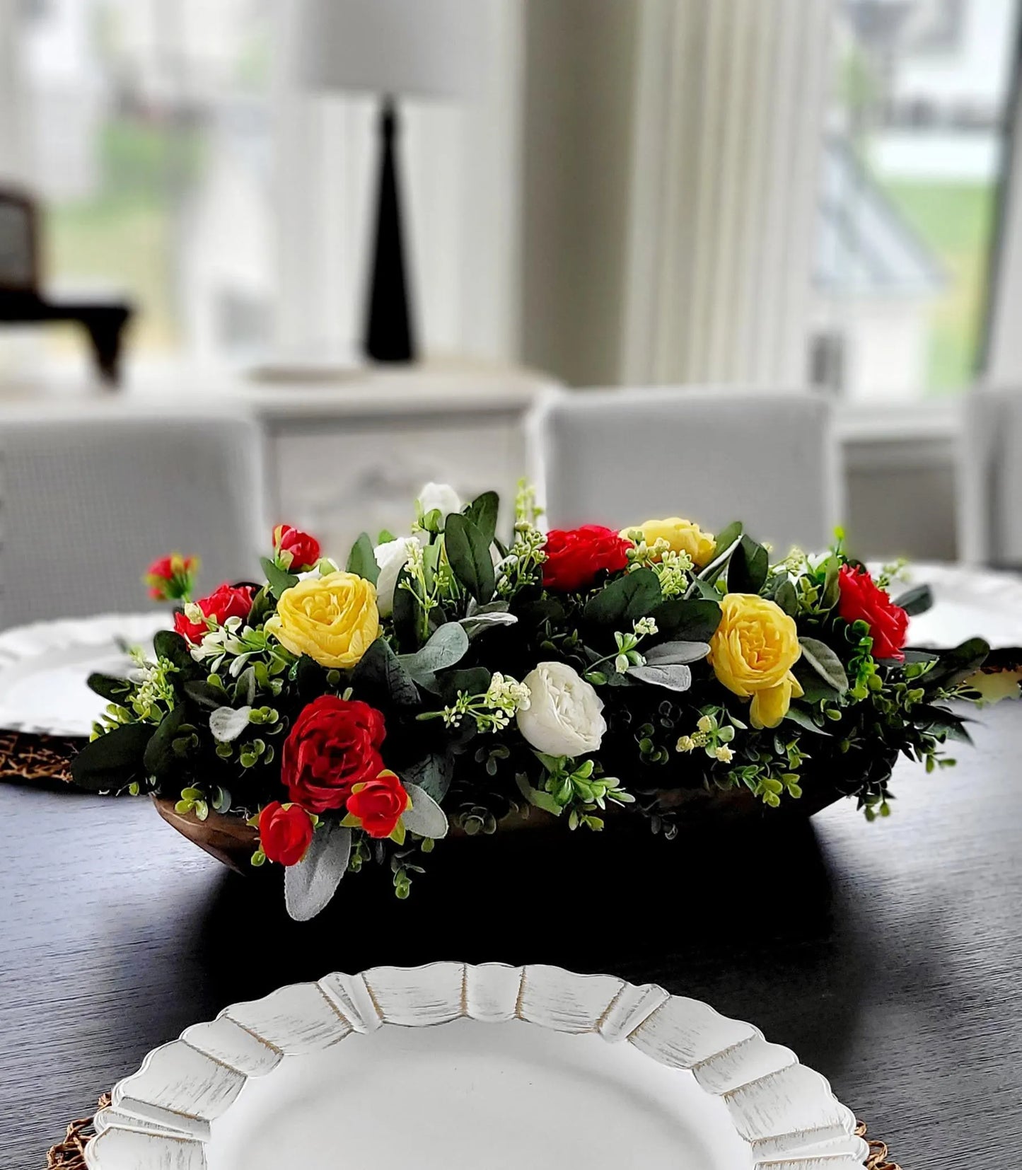 Artificial Flower Centerpiece – Farmhouse Silk Peony Wooden Bowl Display