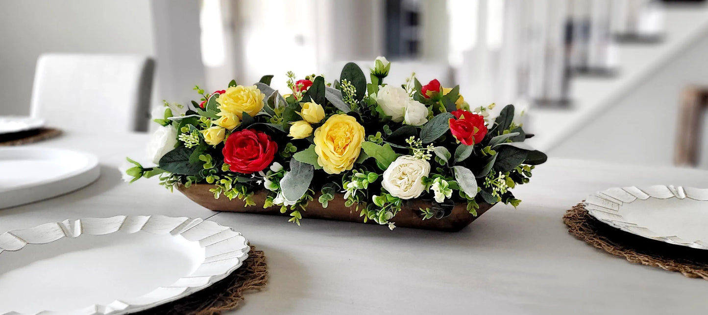 Artificial Flower Centerpiece – Farmhouse Silk Peony Wooden Bowl Display