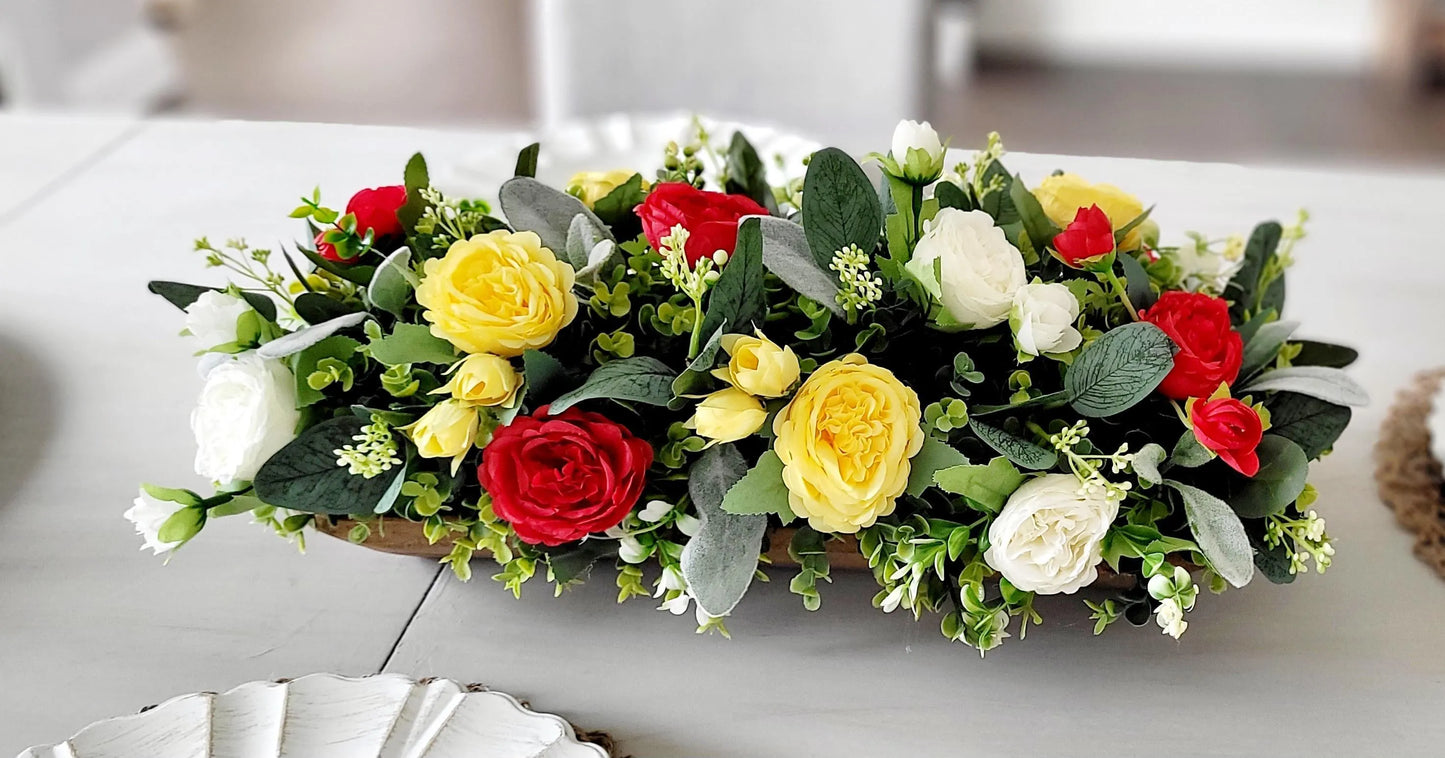 Artificial Flower Centerpiece – Farmhouse Silk Peony Wooden Bowl Display