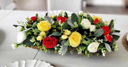 Artificial Flower Centerpiece – Farmhouse Silk Peony Wooden Bowl Display