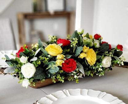 Artificial Flower Centerpiece – Farmhouse Silk Peony Wooden Bowl Display