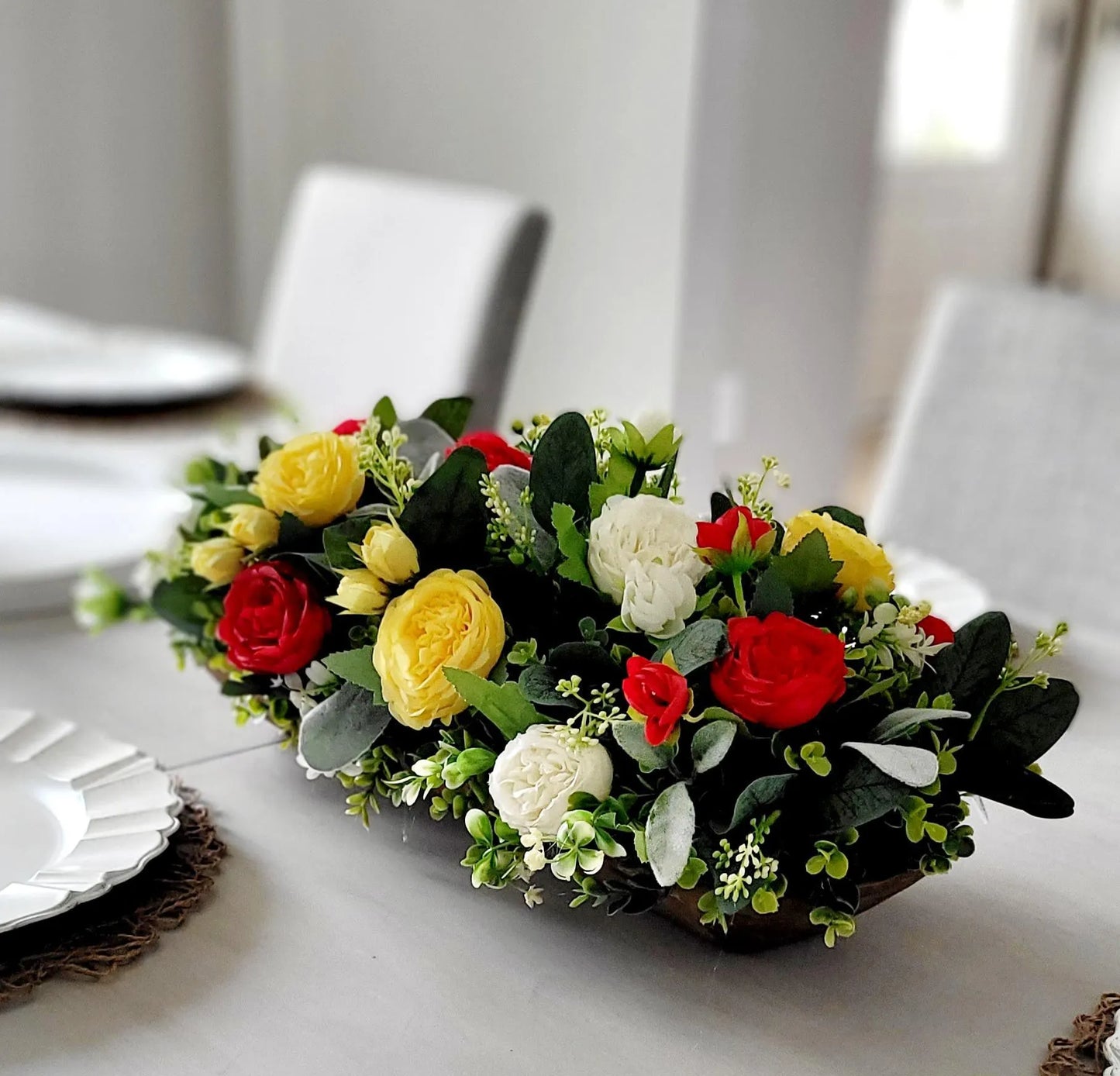 Artificial Flower Centerpiece – Farmhouse Silk Peony Wooden Bowl Display
