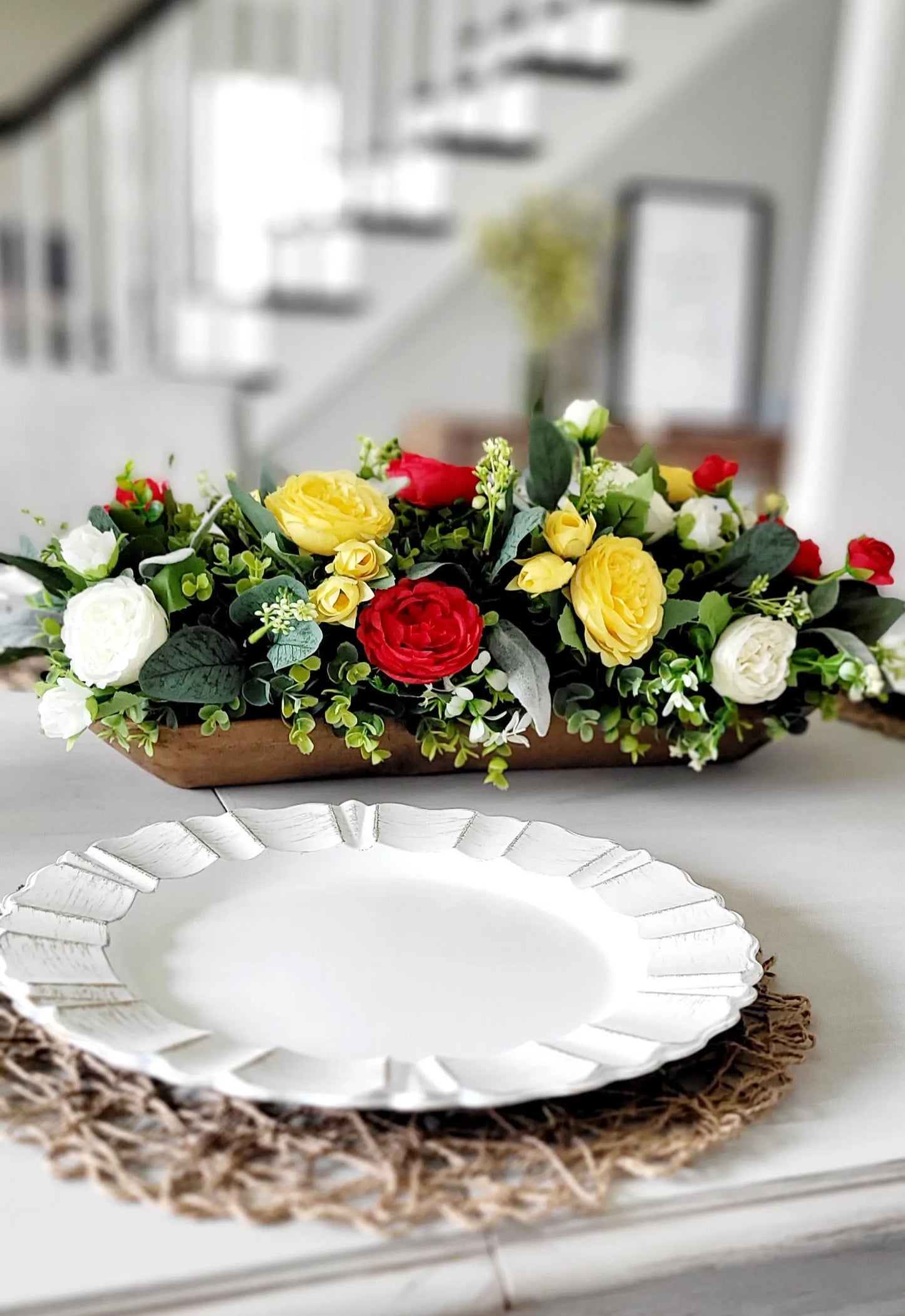 Artificial Flower Centerpiece – Farmhouse Silk Peony Wooden Bowl Display