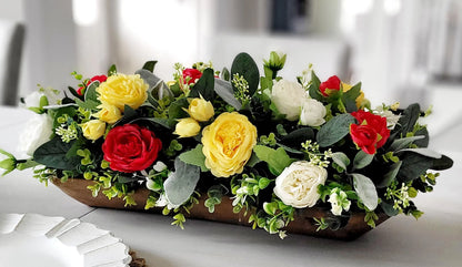 Artificial Flower Centerpiece – Farmhouse Silk Peony Wooden Bowl Display