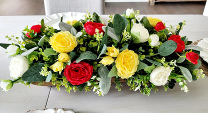 Artificial Flower Centerpiece – Farmhouse Silk Peony Wooden Bowl Display