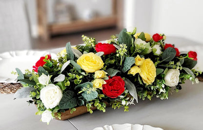 Artificial Flower Centerpiece – Farmhouse Silk Peony Wooden Bowl Display
