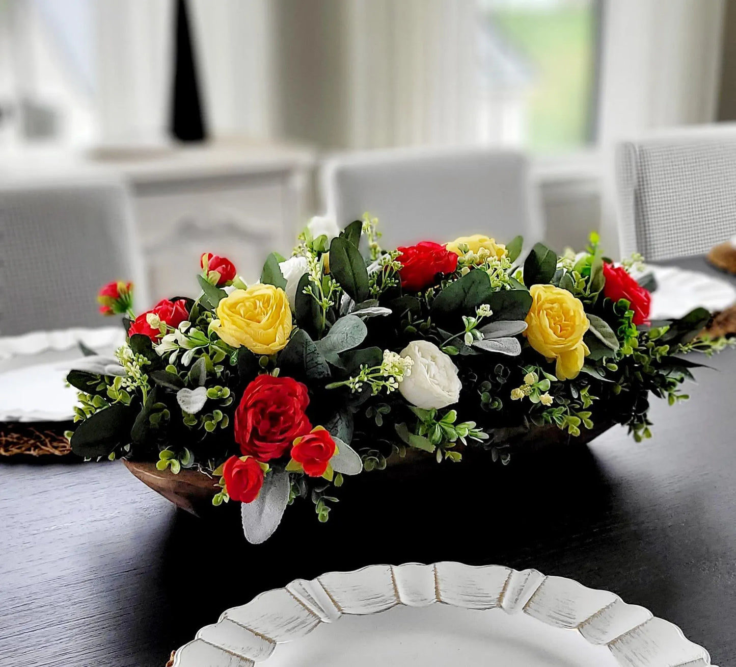 Artificial Flower Centerpiece – Farmhouse Silk Peony Wooden Bowl Display
