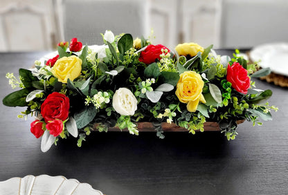 Artificial Flower Centerpiece – Farmhouse Silk Peony Wooden Bowl Display
