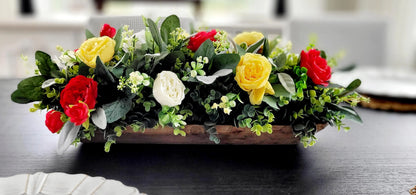 Artificial Flower Centerpiece – Farmhouse Silk Peony Wooden Bowl Display
