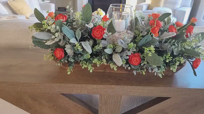 Fall Table Centerpiece – Artificial Ranunculus in Dough Bowl with Candle Holder Farmhouse