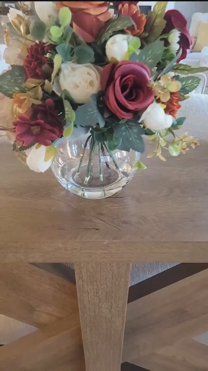 Artificial Flower Centerpiece – Burgundy Silk Roses in Glass Vase