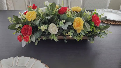 Artificial Flower Centerpiece – Farmhouse Silk Peony Wooden Bowl Display