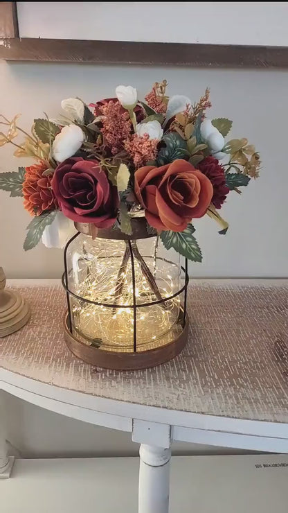 Fall Lantern Centerpiece – Lighted Rustic Wedding Silk Flower Display